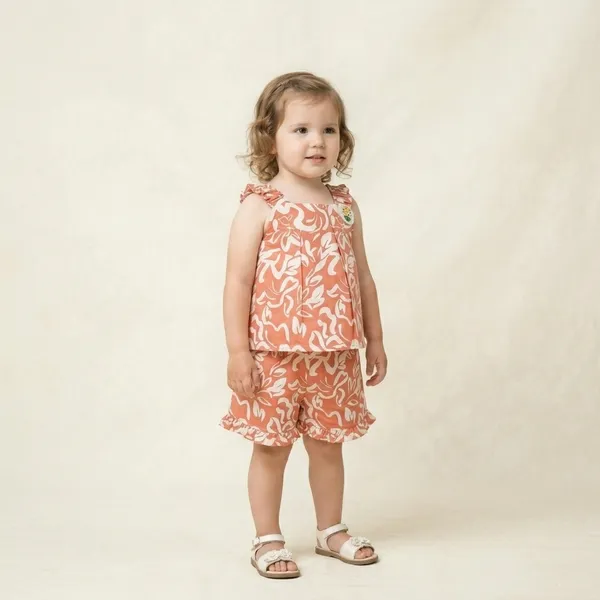 Coral_Cotton_Floral_Print_Peplum_Top_And_Shorts_Set_For_Girls
