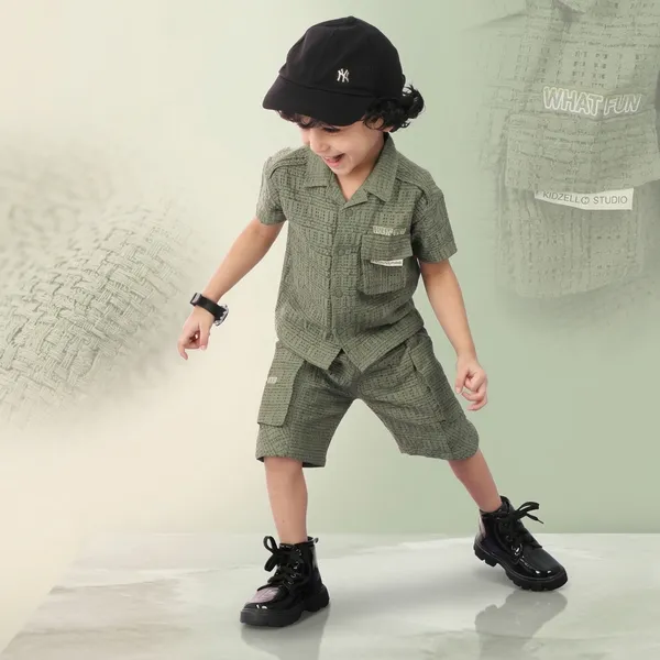 Olive_Green_Cotton_Textured_Short_Sleeve_Shirt_And_Shorts_Set_For_Boys