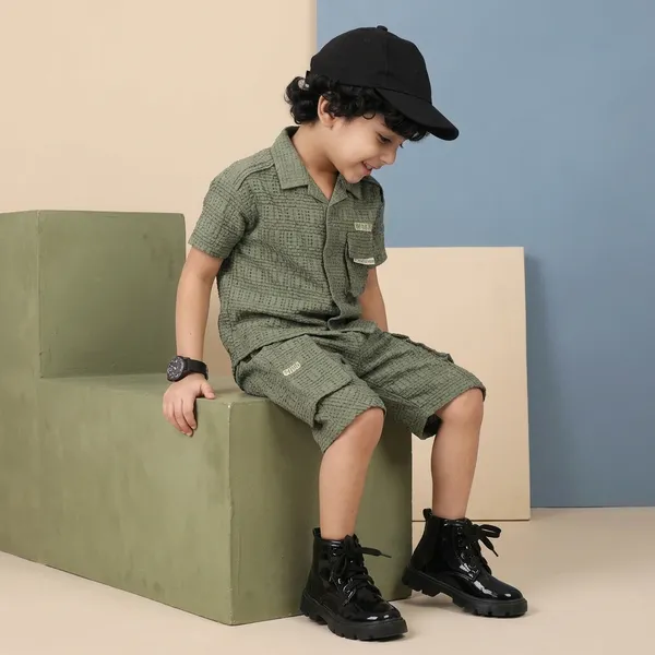 Olive_Green_Cotton_Textured_Short_Sleeve_Shirt_And_Shorts_Set_For_Boys