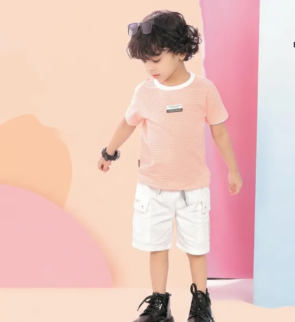 Peach_White_Cotton_Striped_T-Shirt_And_Shorts_Set_For_Boys