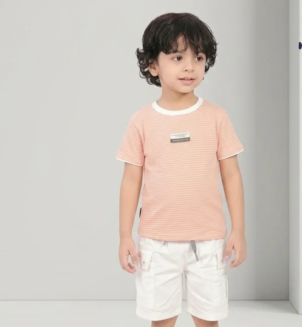 Peach_White_Cotton_Striped_T-Shirt_And_Shorts_Set_For_Boys