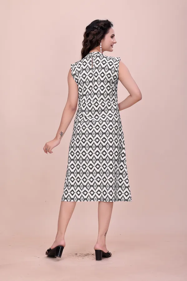 Black_and_White_Ikat_Print_Rayon_Dress_with_High_Neck_Western_Gown_For_Women
