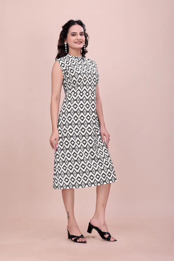 Black_and_White_Ikat_Print_Rayon_Dress_with_High_Neck_Western_Gown_For_Women