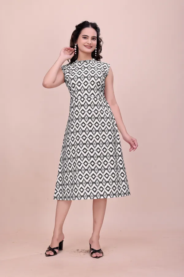 Black_and_White_Ikat_Print_Rayon_Dress_with_High_Neck_Western_Gown_For_Women