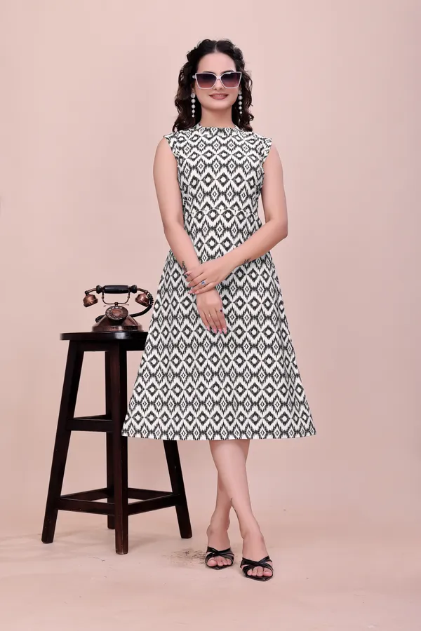 Black_and_White_Ikat_Print_Rayon_Dress_with_High_Neck_Western_Gown_For_Women