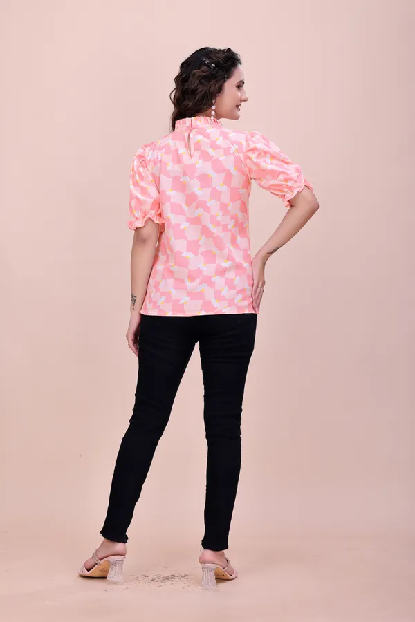 Peach_Sweet_Daisy_Checkered_Rayon_Top_Tunic_For_Women