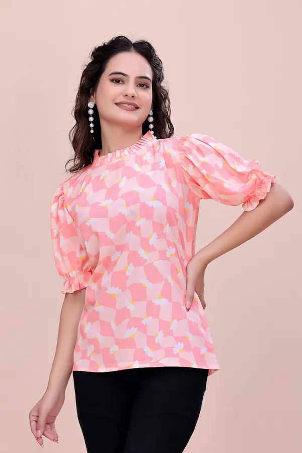 Peach_Sweet_Daisy_Checkered_Rayon_Top_Tunic_For_Women