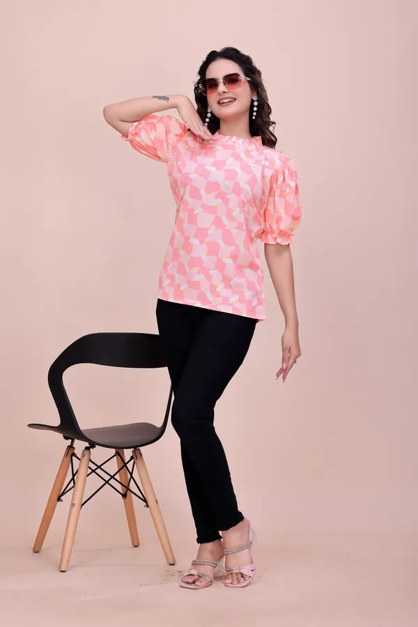 Peach_Sweet_Daisy_Checkered_Rayon_Top_Tunic_For_Women