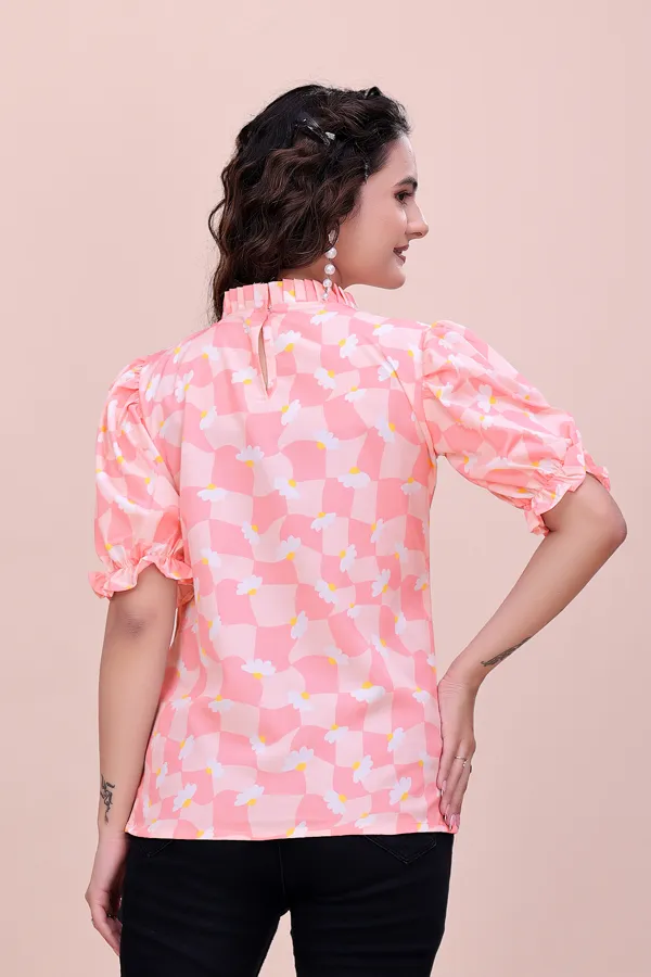 Peach_Sweet_Daisy_Checkered_Rayon_Top_Tunic_For_Women