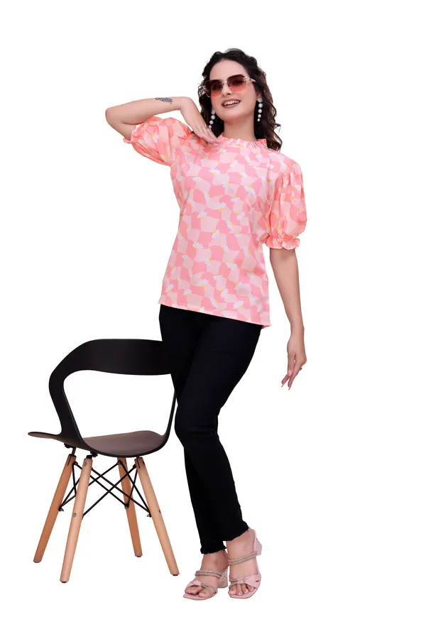 Peach_Sweet_Daisy_Checkered_Rayon_Top_Tunic_For_Women