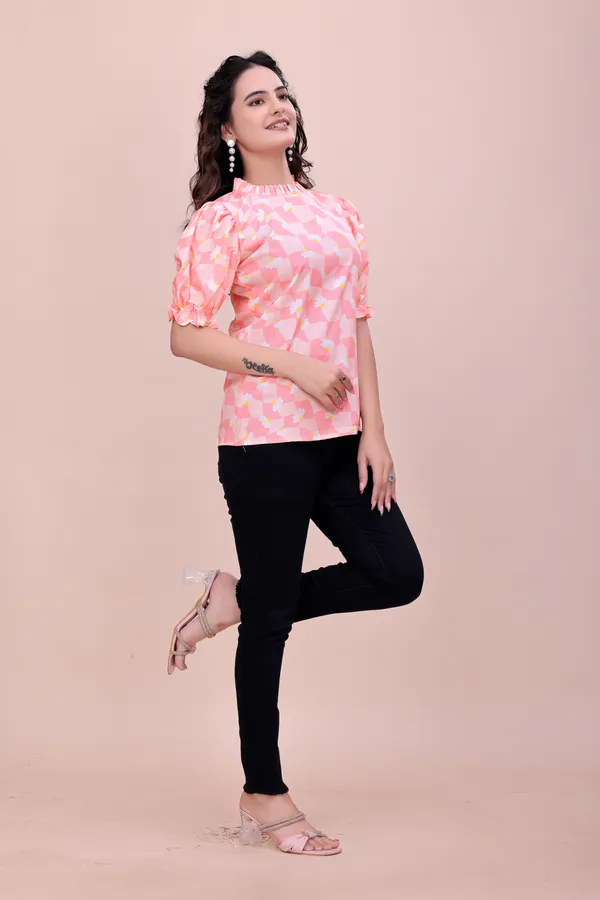 Peach_Sweet_Daisy_Checkered_Rayon_Top_Tunic_For_Women