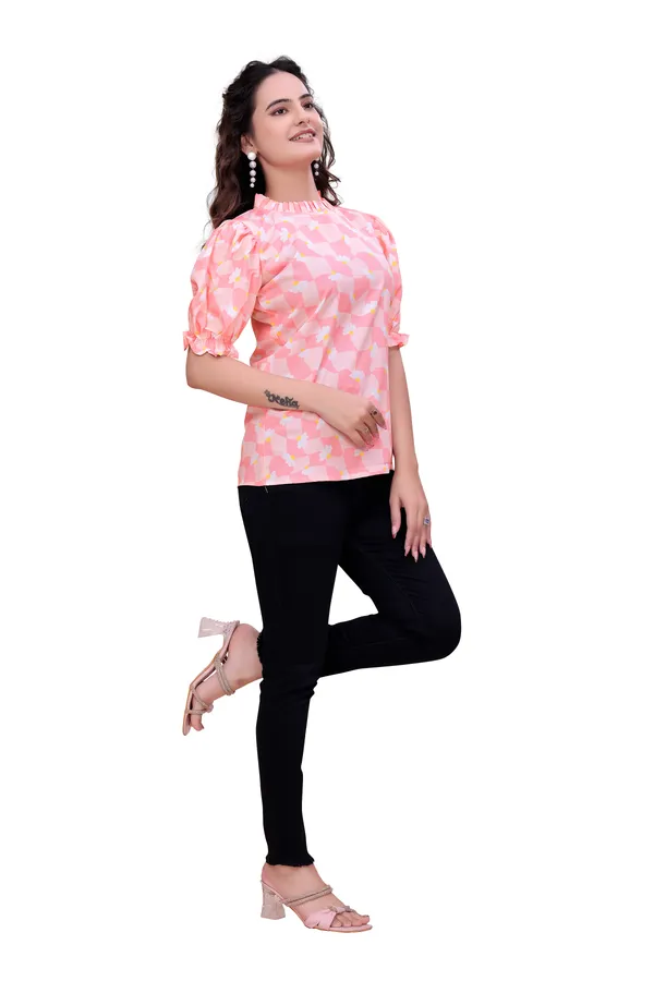 Peach_Sweet_Daisy_Checkered_Rayon_Top_Tunic_For_Women