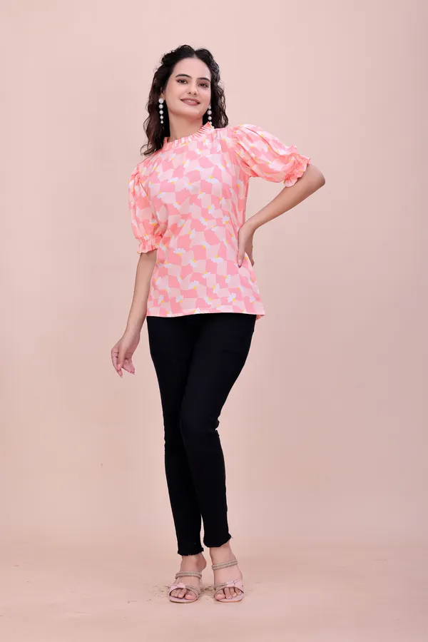 Peach_Sweet_Daisy_Checkered_Rayon_Top_Tunic_For_Women