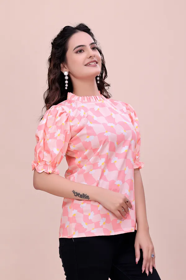 Peach_Sweet_Daisy_Checkered_Rayon_Top_Tunic_For_Women