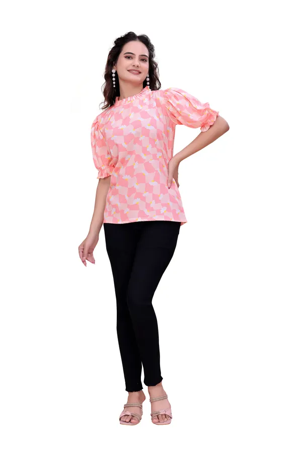 Peach_Sweet_Daisy_Checkered_Rayon_Top_Tunic_For_Women