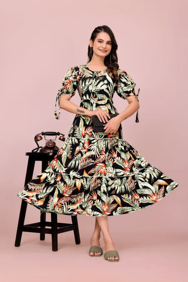 Multicolor_Tropical_Leaf_Print_Rayon_Dress_with_Adjustable_Puff_Sleeves_Western_Gown_For_Women
