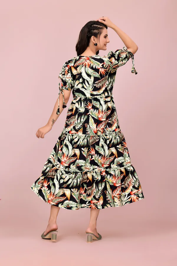 Multicolor_Tropical_Leaf_Print_Rayon_Dress_with_Adjustable_Puff_Sleeves_Western_Gown_For_Women