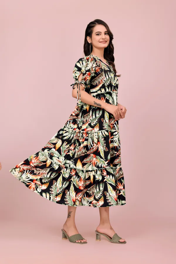 Multicolor_Tropical_Leaf_Print_Rayon_Dress_with_Adjustable_Puff_Sleeves_Western_Gown_For_Women