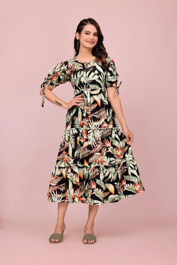 Multicolor_Tropical_Leaf_Print_Rayon_Dress_with_Adjustable_Puff_Sleeves_Western_Gown_For_Women