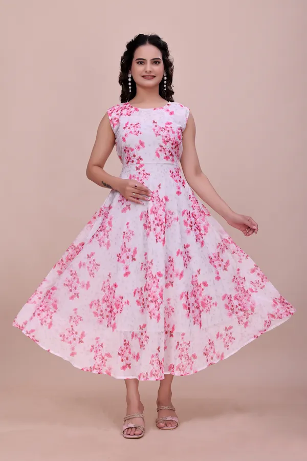 White_and_Pink_Floral_Print_Chiffon_Dress_with_Heavy_Flare_Western_Gown_For_Women