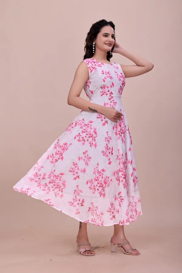 White_and_Pink_Floral_Print_Chiffon_Dress_with_Heavy_Flare_Western_Gown_For_Women