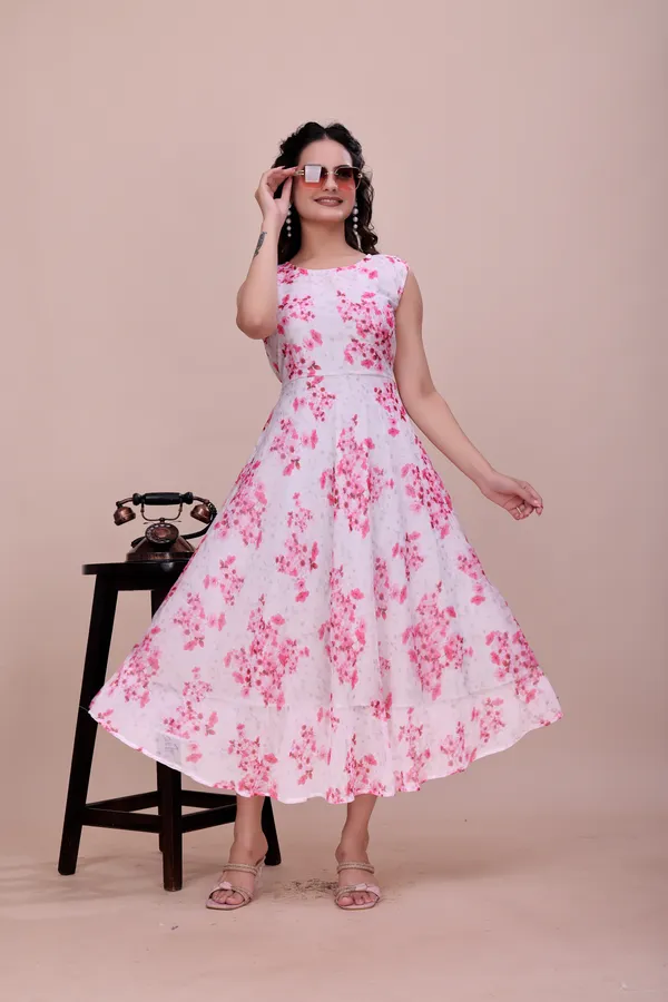 White_and_Pink_Floral_Print_Chiffon_Dress_with_Heavy_Flare_Western_Gown_For_Women