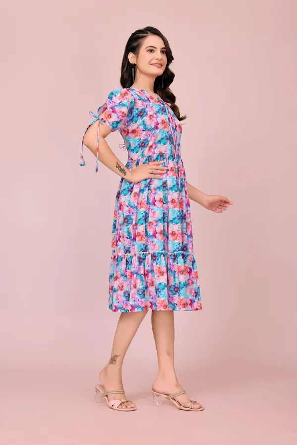 Blue_Soft_Rayon_Tiered_Floral_Dress_with_Adjustable_Sleeve_Ties_Western_Gown_For_Women