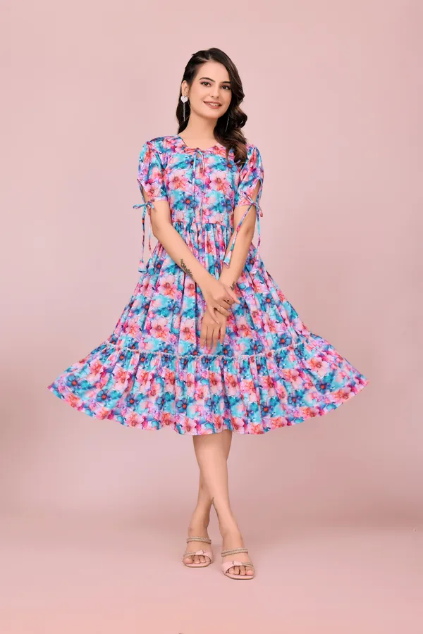 Blue_Soft_Rayon_Tiered_Floral_Dress_with_Adjustable_Sleeve_Ties_Western_Gown_For_Women