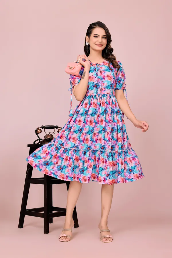 Blue_Soft_Rayon_Tiered_Floral_Dress_with_Adjustable_Sleeve_Ties_Western_Gown_For_Women