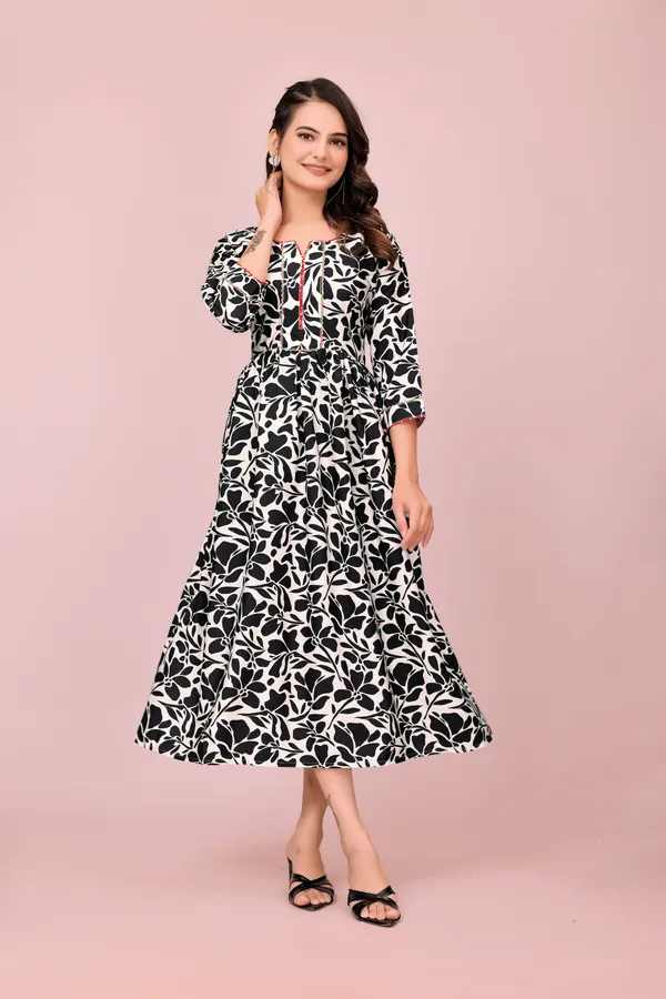 Black_and_White_Floral_Print_Rayon_Dress_with_Red_Piping_Detail_Western_Gown_For_Women