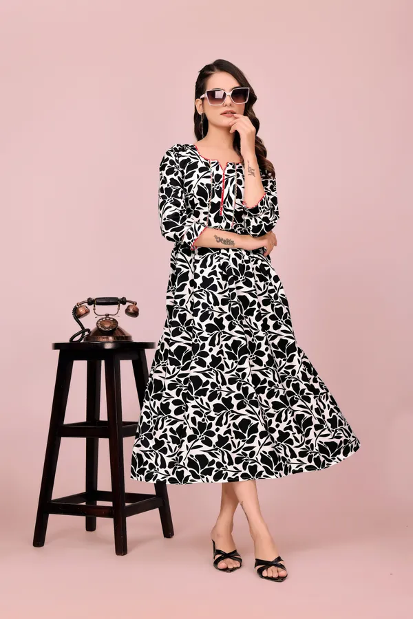 Black_and_White_Floral_Print_Rayon_Dress_with_Red_Piping_Detail_Western_Gown_For_Women