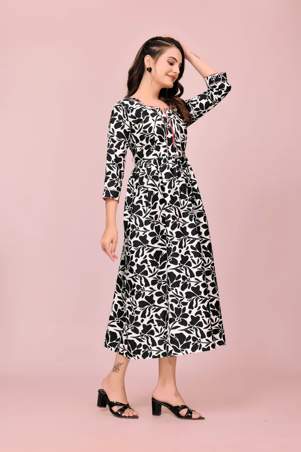 Black_and_White_Floral_Print_Rayon_Dress_with_Red_Piping_Detail_Western_Gown_For_Women