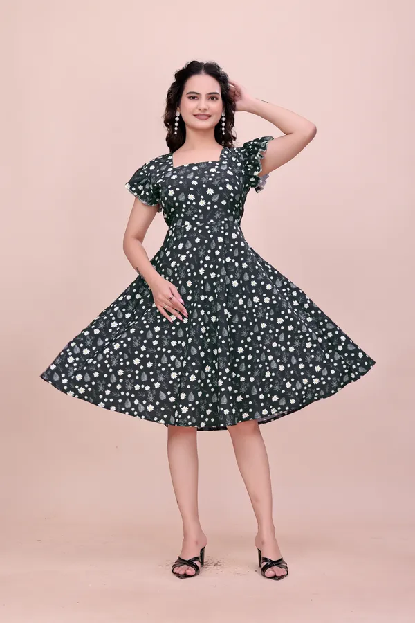 Black__Fit_&_Flare_Rayon_Dress_with_Ruffled_Flutter_Sleeves_Western_Gown_For_Women