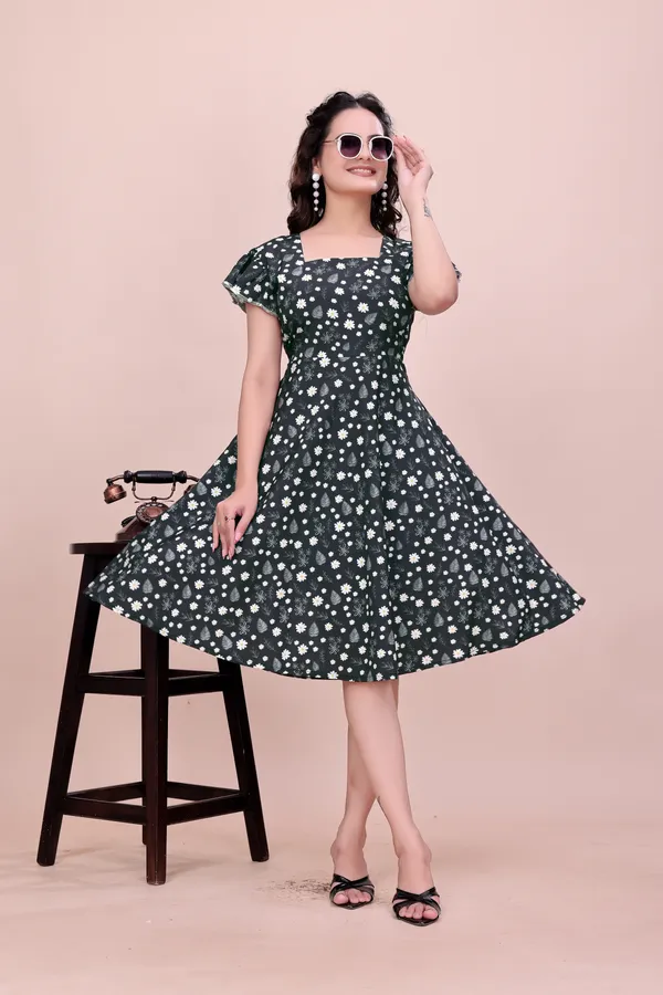 Black__Fit_&_Flare_Rayon_Dress_with_Ruffled_Flutter_Sleeves_Western_Gown_For_Women