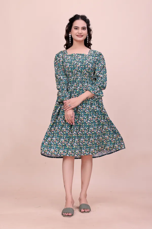 Green_Deep_Teal_Floral_Midi_Dress_with_Ruffled_Puff_Sleeves_Western_Gown_For_Women