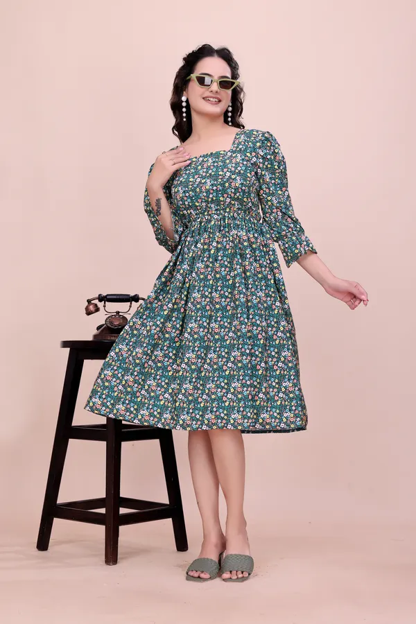 Green_Deep_Teal_Floral_Midi_Dress_with_Ruffled_Puff_Sleeves_Western_Gown_For_Women