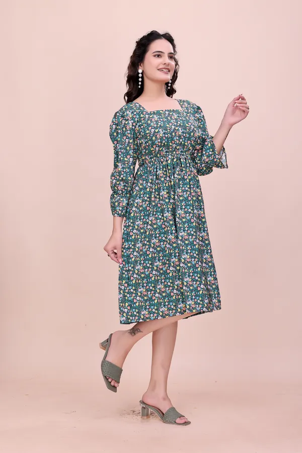 Green_Deep_Teal_Floral_Midi_Dress_with_Ruffled_Puff_Sleeves_Western_Gown_For_Women