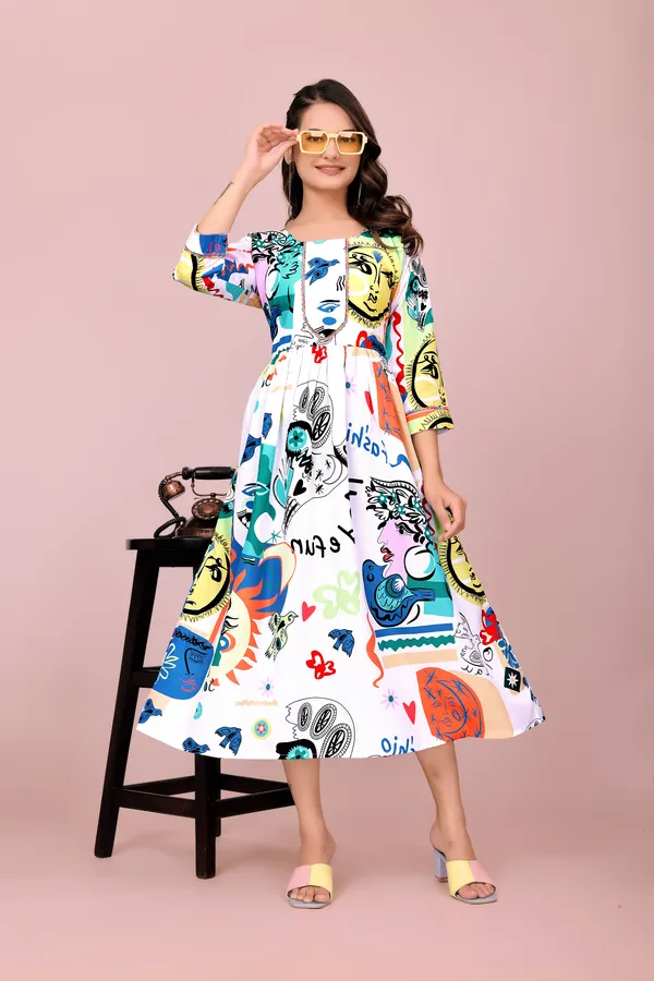 White_Artistic_Graffiti-Style_Fit_&_Flare_Dress_with_3/4_Sleeves_Western_Gown_For_Women
