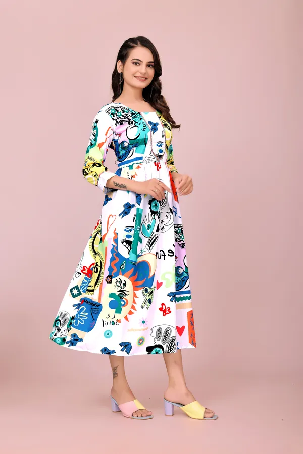 White_Artistic_Graffiti-Style_Fit_&_Flare_Dress_with_3/4_Sleeves_Western_Gown_For_Women
