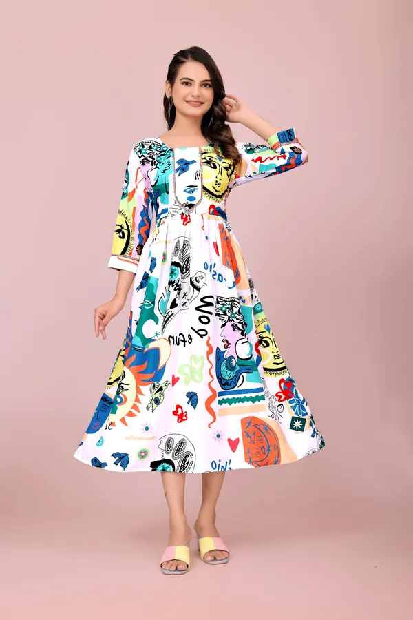 White_Artistic_Graffiti-Style_Fit_&_Flare_Dress_with_3/4_Sleeves_Western_Gown_For_Women