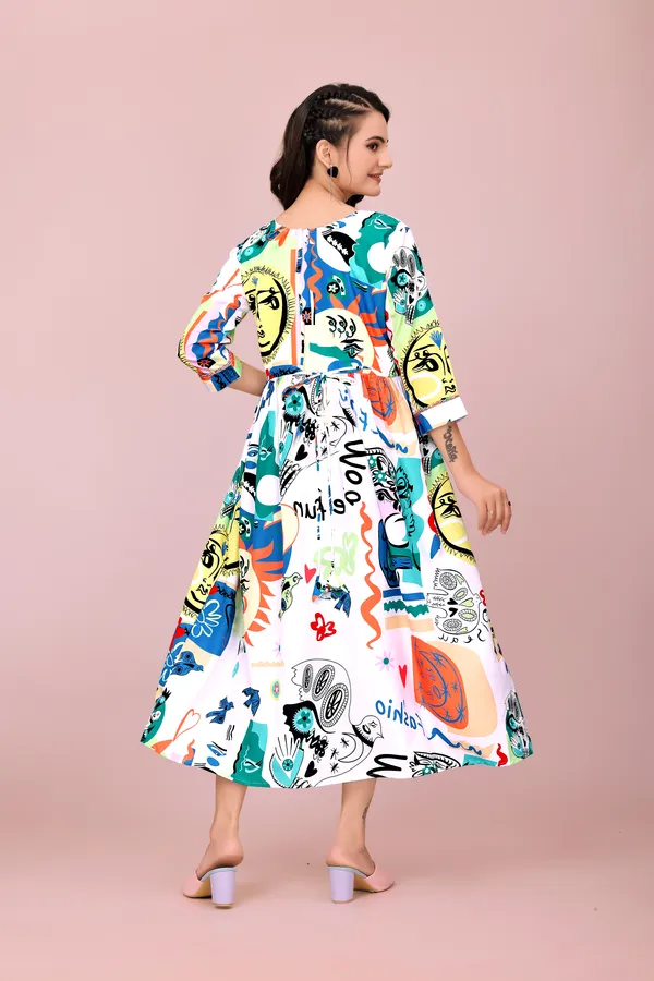 White_Artistic_Graffiti-Style_Fit_&_Flare_Dress_with_3/4_Sleeves_Western_Gown_For_Women