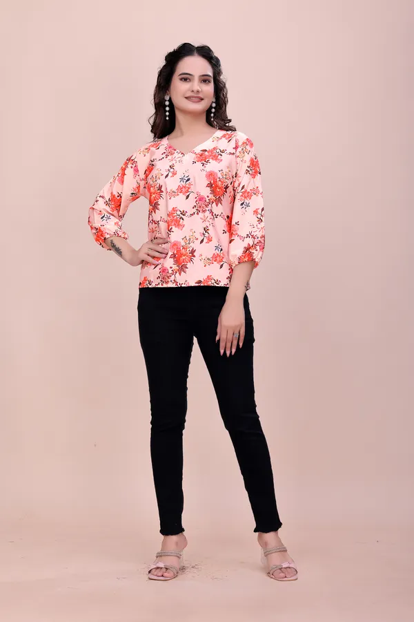 Light_Orange_Classic_Coral_Garden_Three-Quarter_Sleeve_Top_Tunic_For_Women