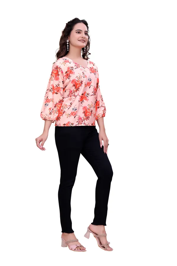 Light_Orange_Classic_Coral_Garden_Three-Quarter_Sleeve_Top_Tunic_For_Women
