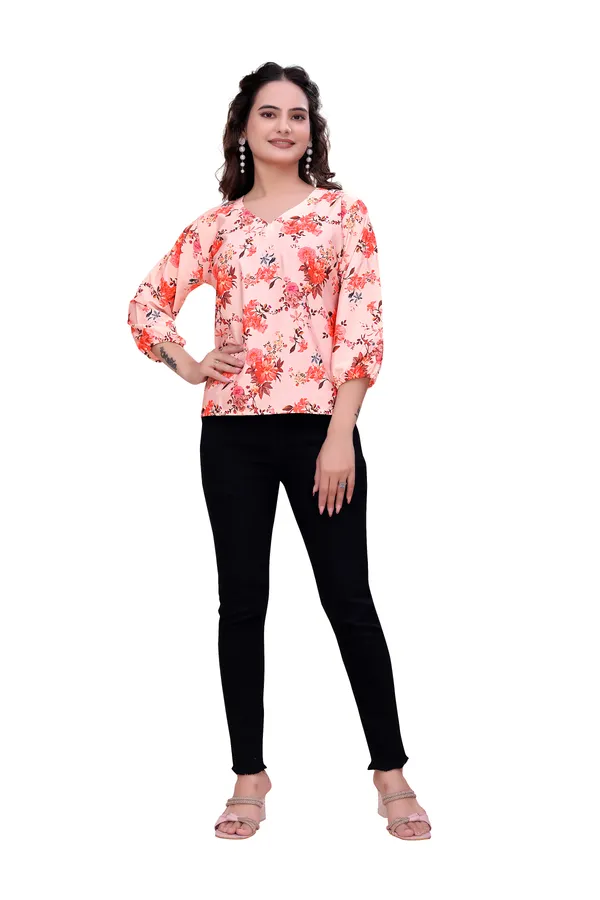 Light_Orange_Classic_Coral_Garden_Three-Quarter_Sleeve_Top_Tunic_For_Women