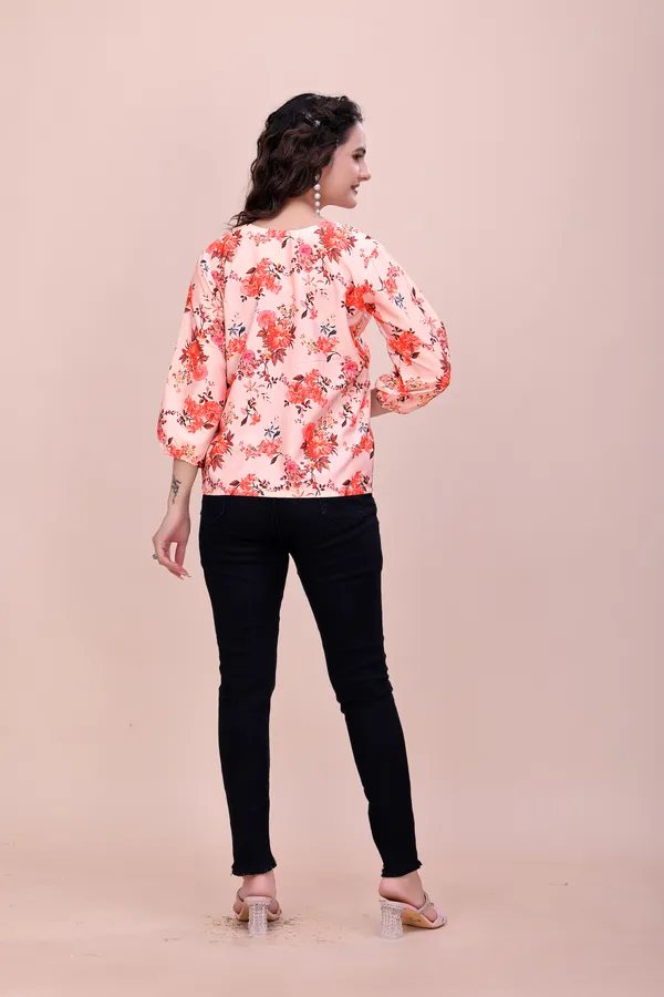 Light_Orange_Classic_Coral_Garden_Three-Quarter_Sleeve_Top_Tunic_For_Women