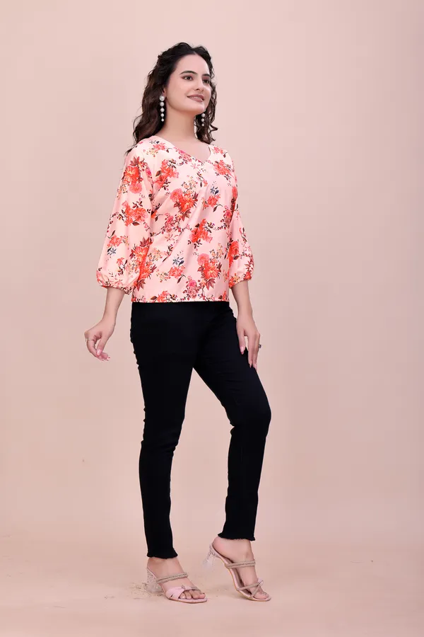 Light_Orange_Classic_Coral_Garden_Three-Quarter_Sleeve_Top_Tunic_For_Women