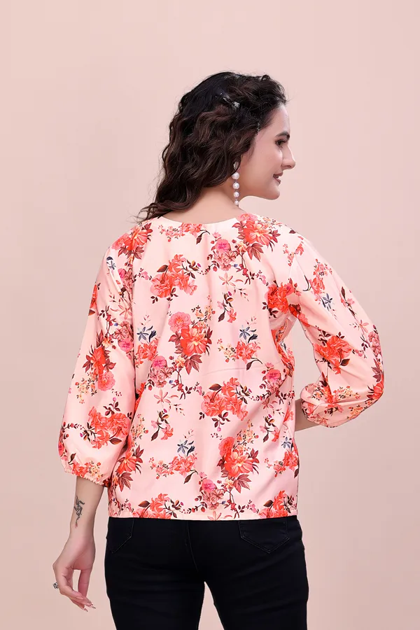 Light_Orange_Classic_Coral_Garden_Three-Quarter_Sleeve_Top_Tunic_For_Women