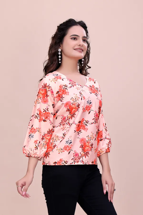 Light_Orange_Classic_Coral_Garden_Three-Quarter_Sleeve_Top_Tunic_For_Women