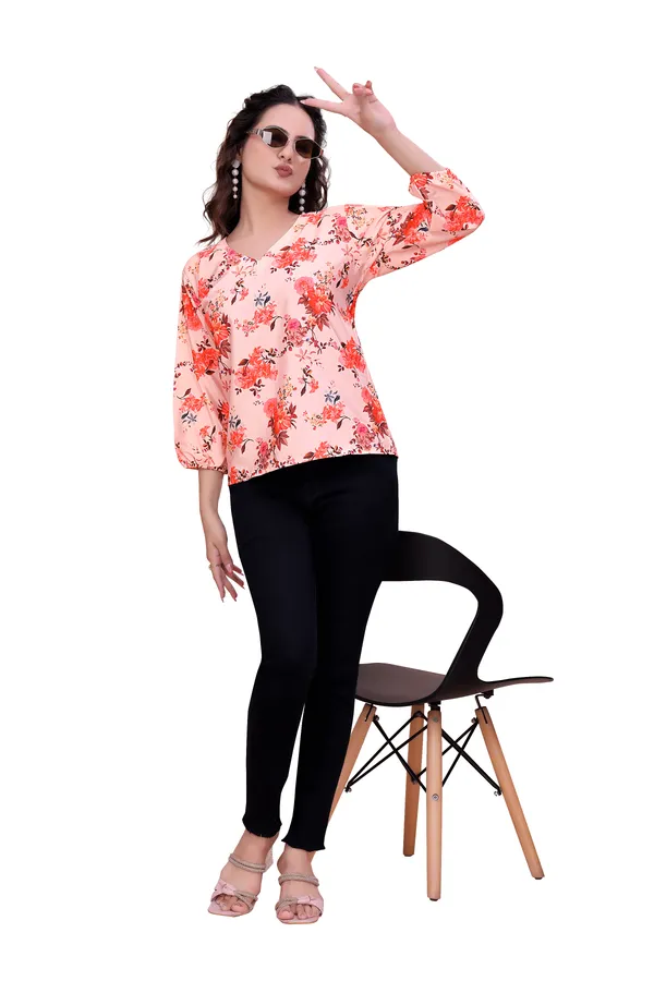 Light_Orange_Classic_Coral_Garden_Three-Quarter_Sleeve_Top_Tunic_For_Women