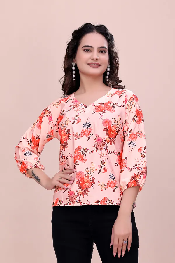 Light_Orange_Classic_Coral_Garden_Three-Quarter_Sleeve_Top_Tunic_For_Women